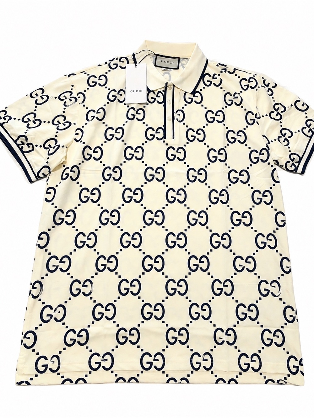 Gucci Cream Polo with Navy All-Over GG Print